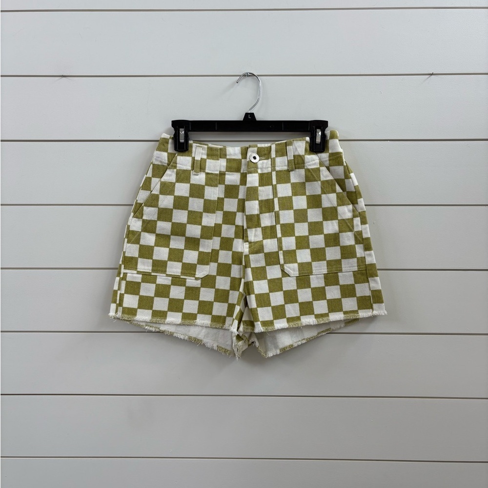 Papermoon Olive Green and White Checkered Women Shorts